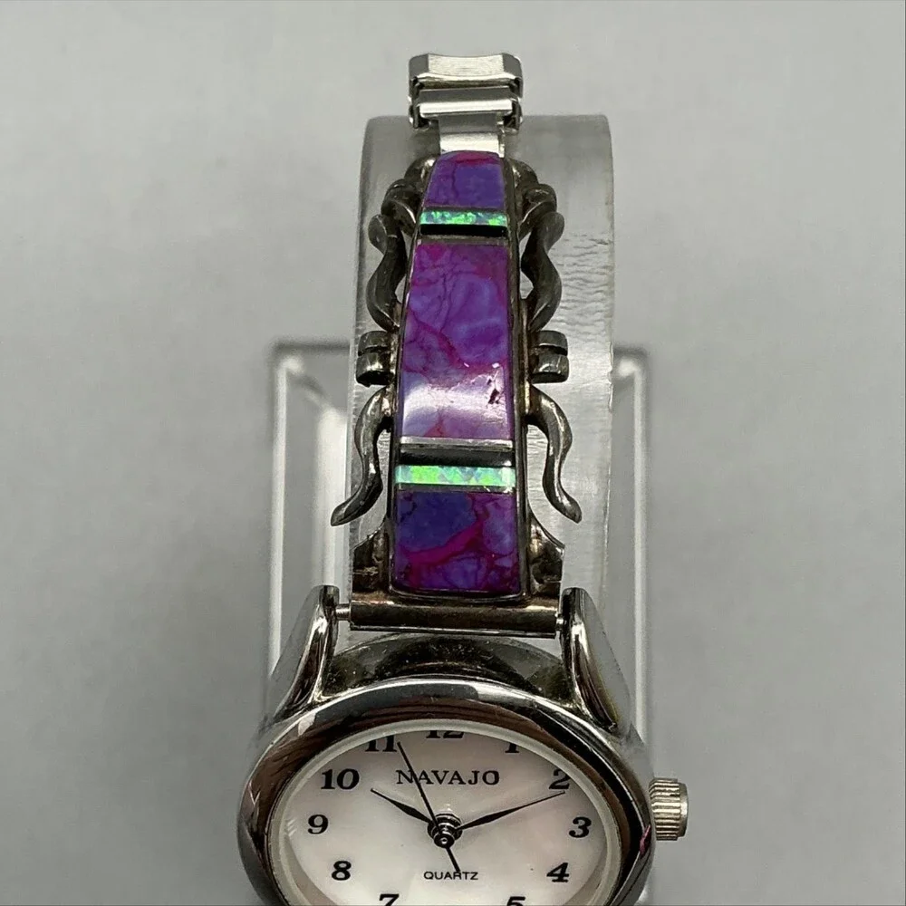 Cynthia Begay Navajo Womens Watch Purple Stone Inlay Sterling Tips New Battery